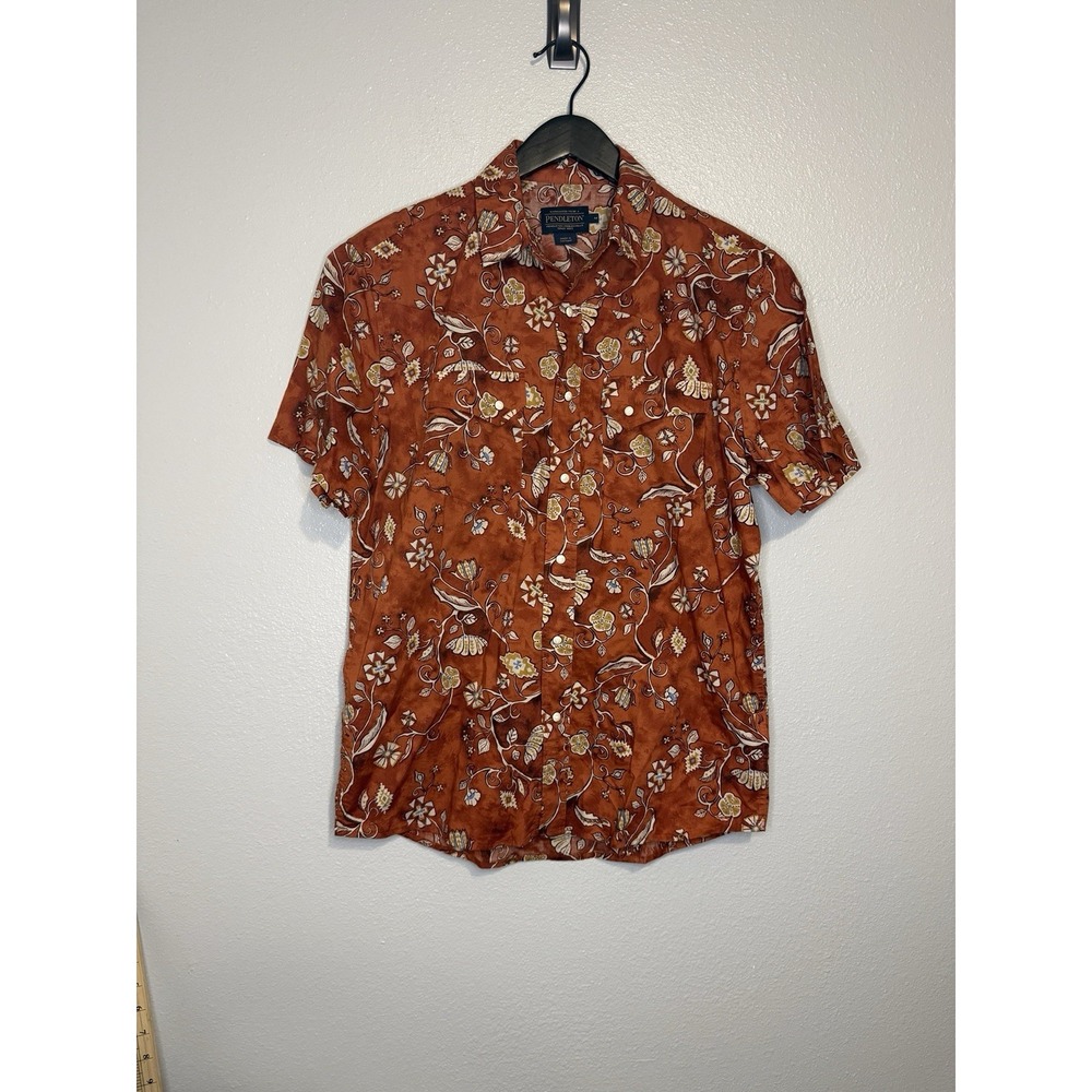 Pendleton Shirt Mens Medium Orange Floral Short Sleeve Pearl Snap Casual New